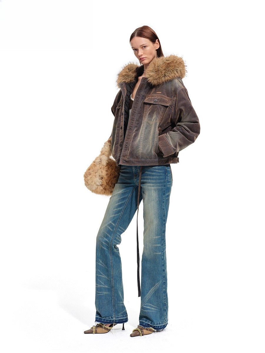 Ross Oversized Washed Eco Fox Fur Collar Denim Jacket