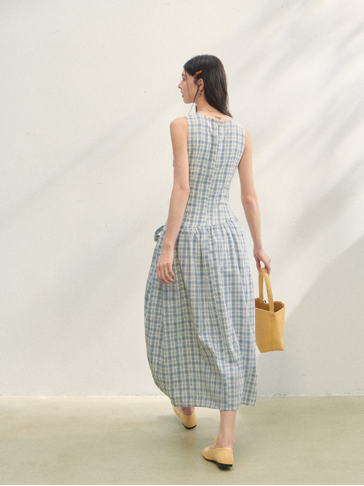 Belted Waist Checked Vest Dress