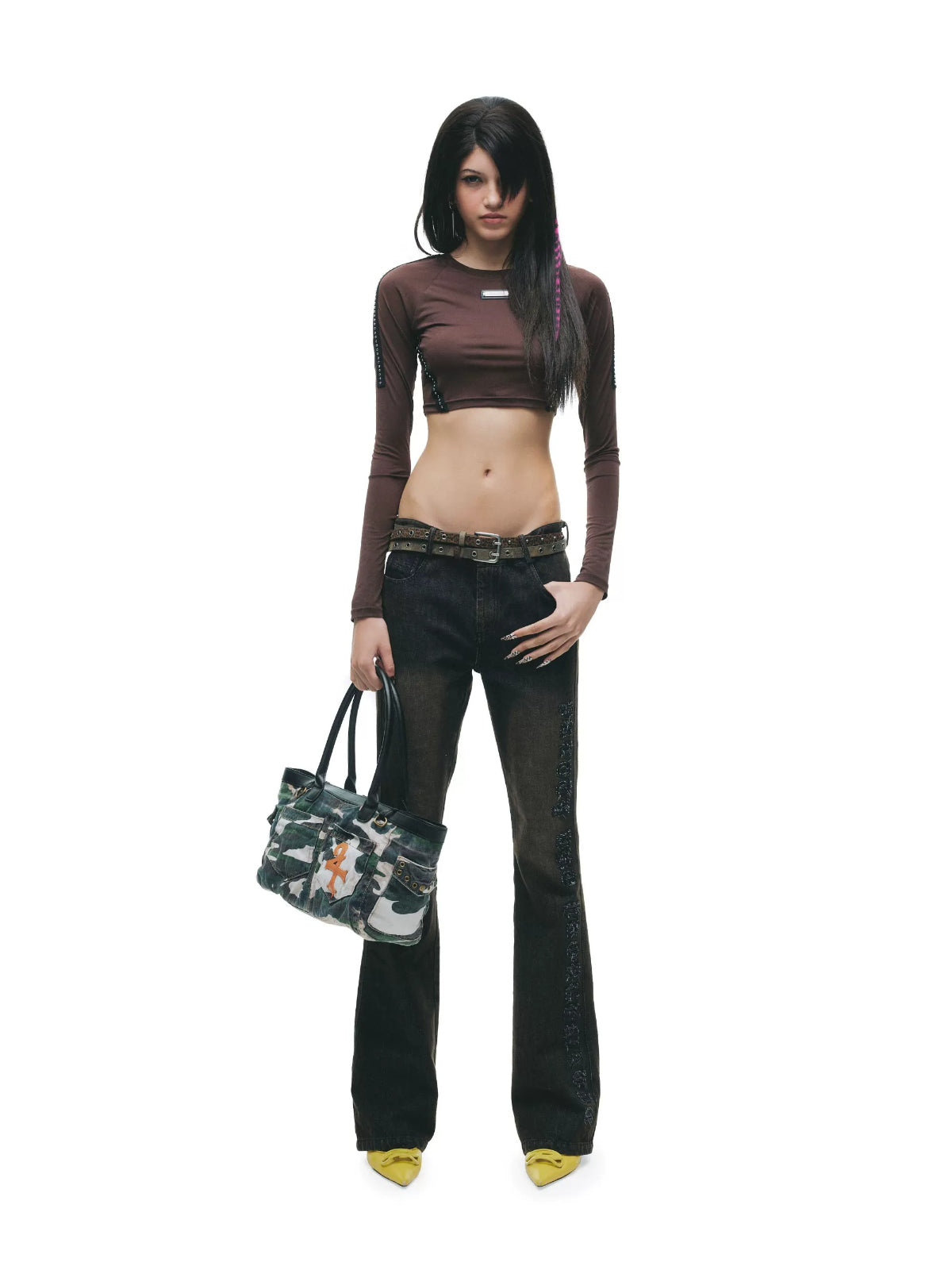 Studded Contrast Stitch Cropped Top