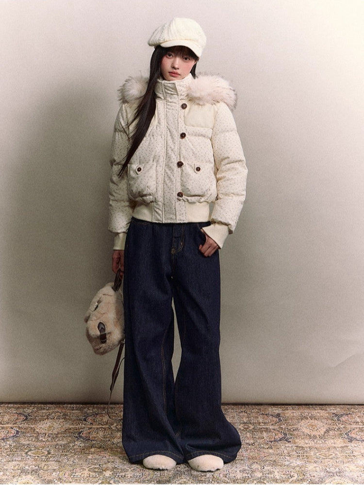 Faux Fur Collar Plaid Down Jacket