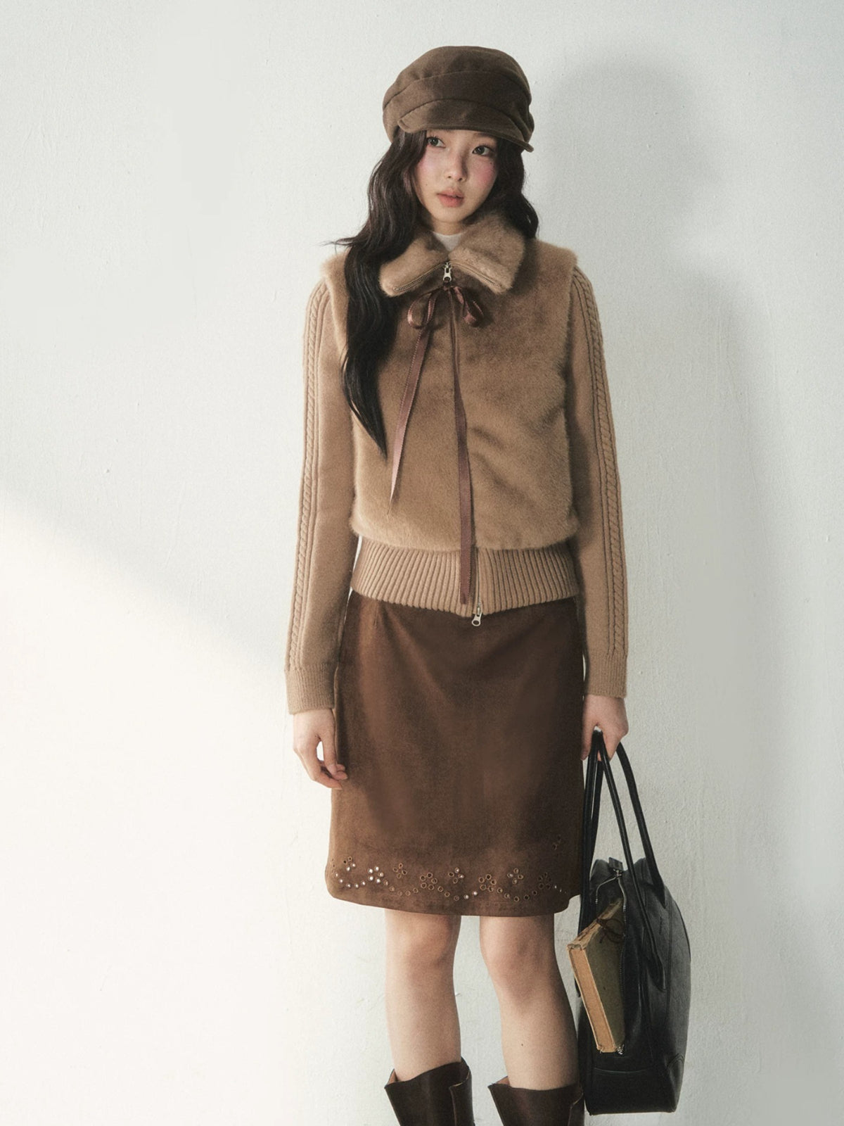 Vintage Embroidered Faux Suede Midi Skirt