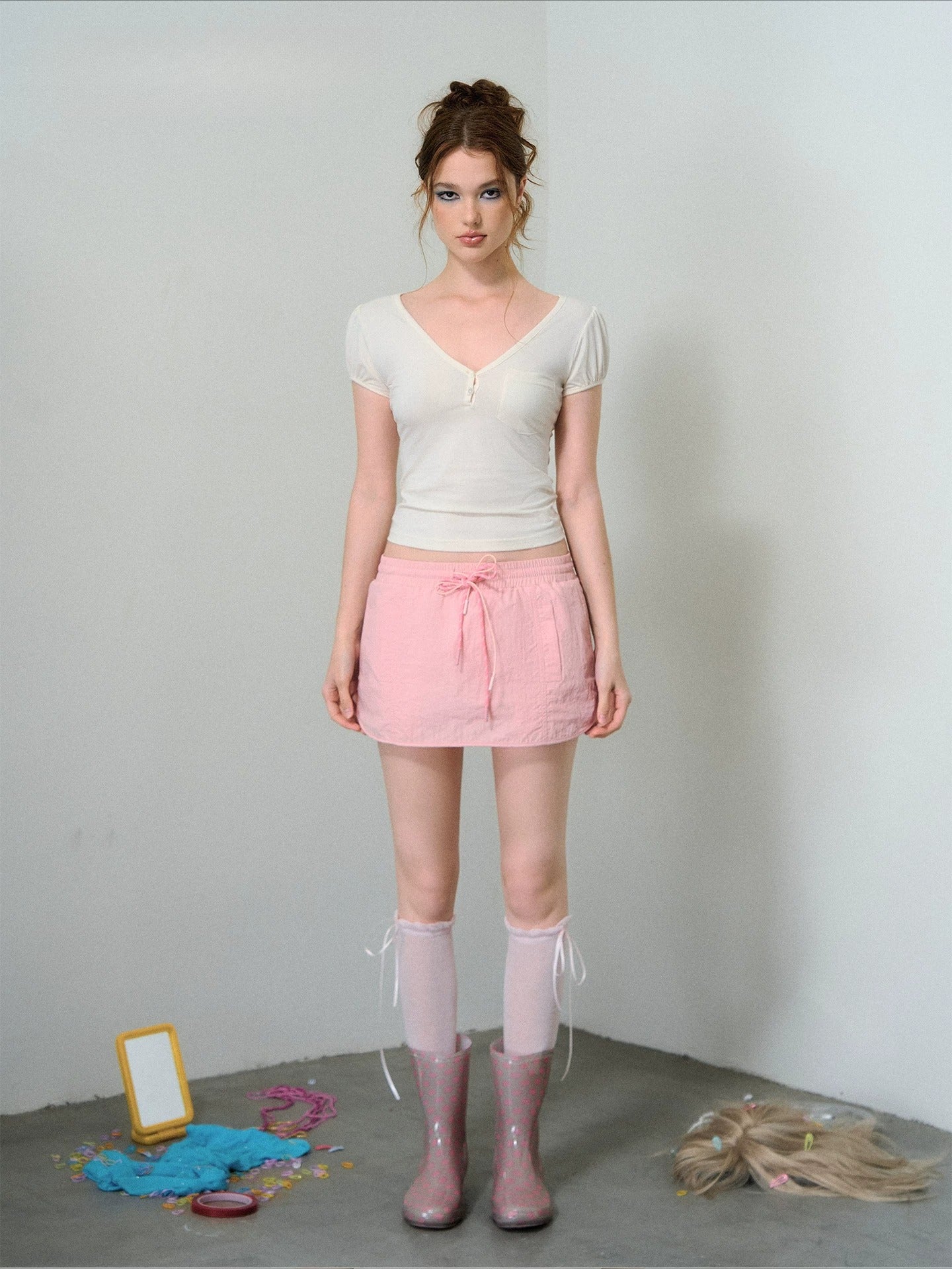 Two-Tone Drawstring Mini Skirt