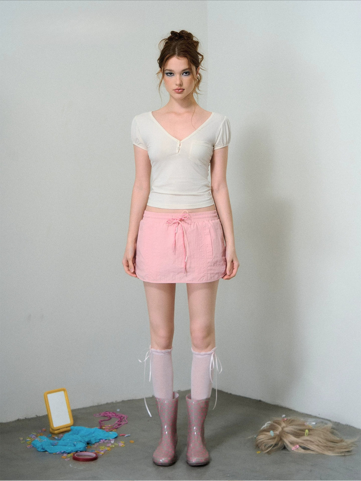 Two-Tone Drawstring Mini Skirt