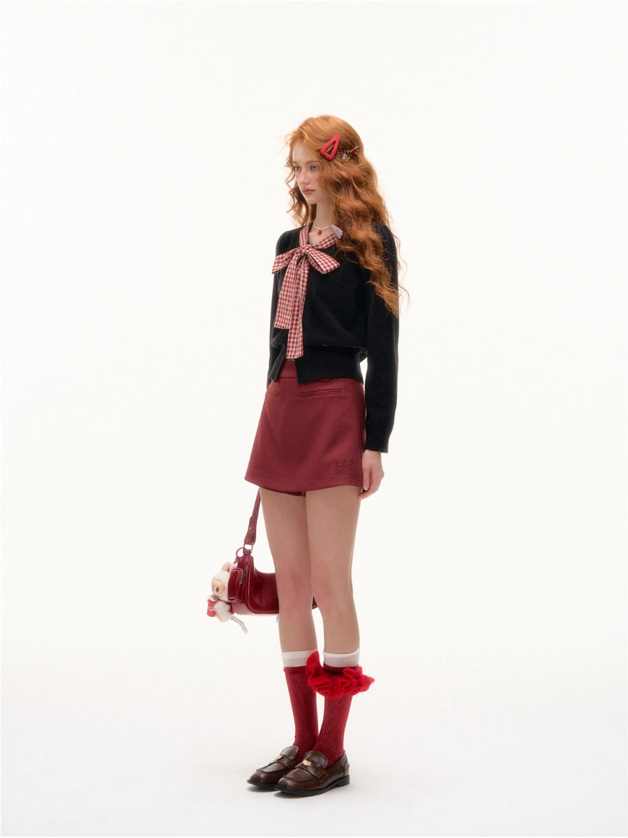 Plaid Bow-Tie Round Neck Knitted Cardigan