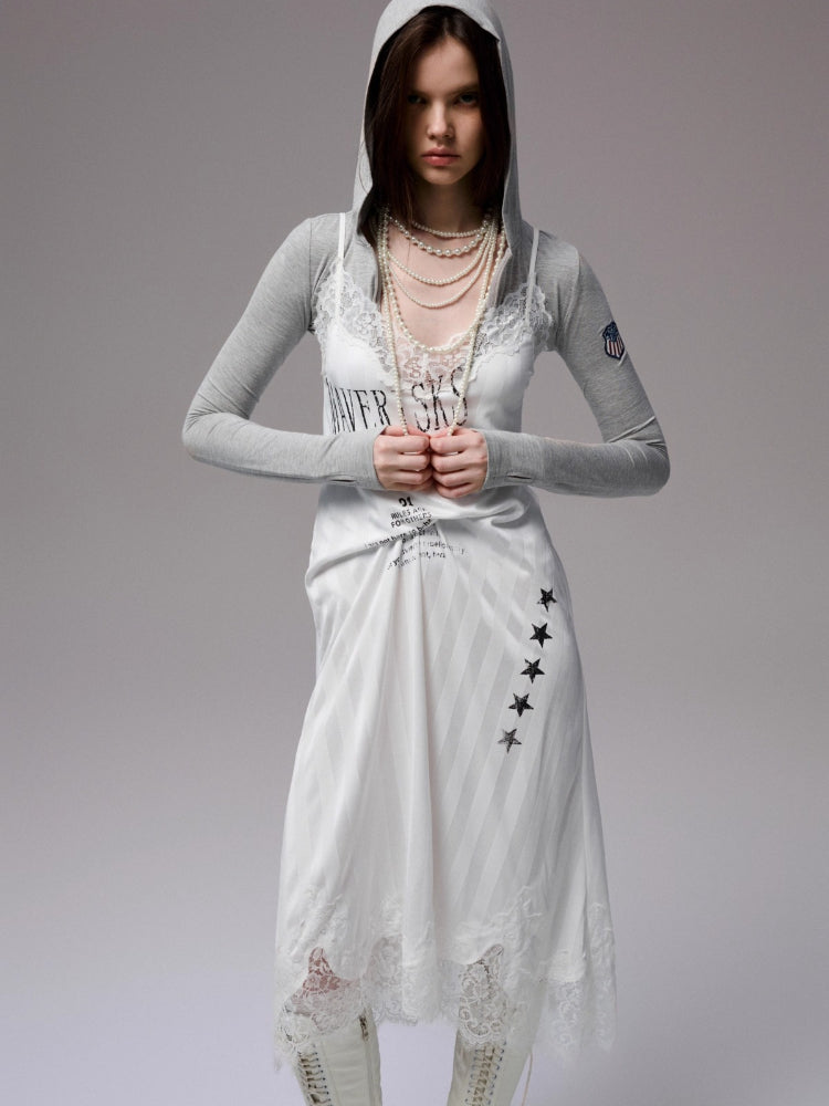 Satin Letter Print Spliced Lace Slip Midi Dress