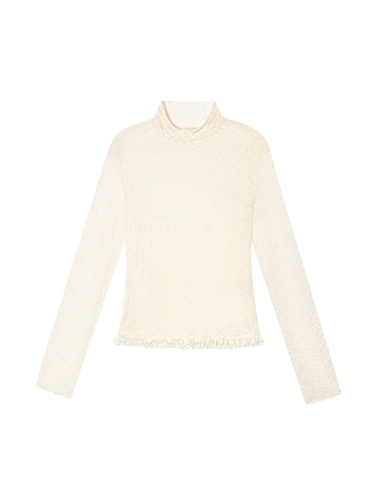 Floral Lace Ruffled Turtleneck Top