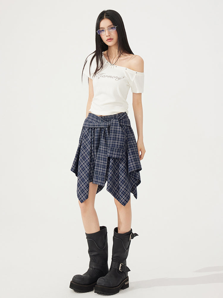 High-Elasticity Star-Studded Diagonal Shoulder T-Shirt