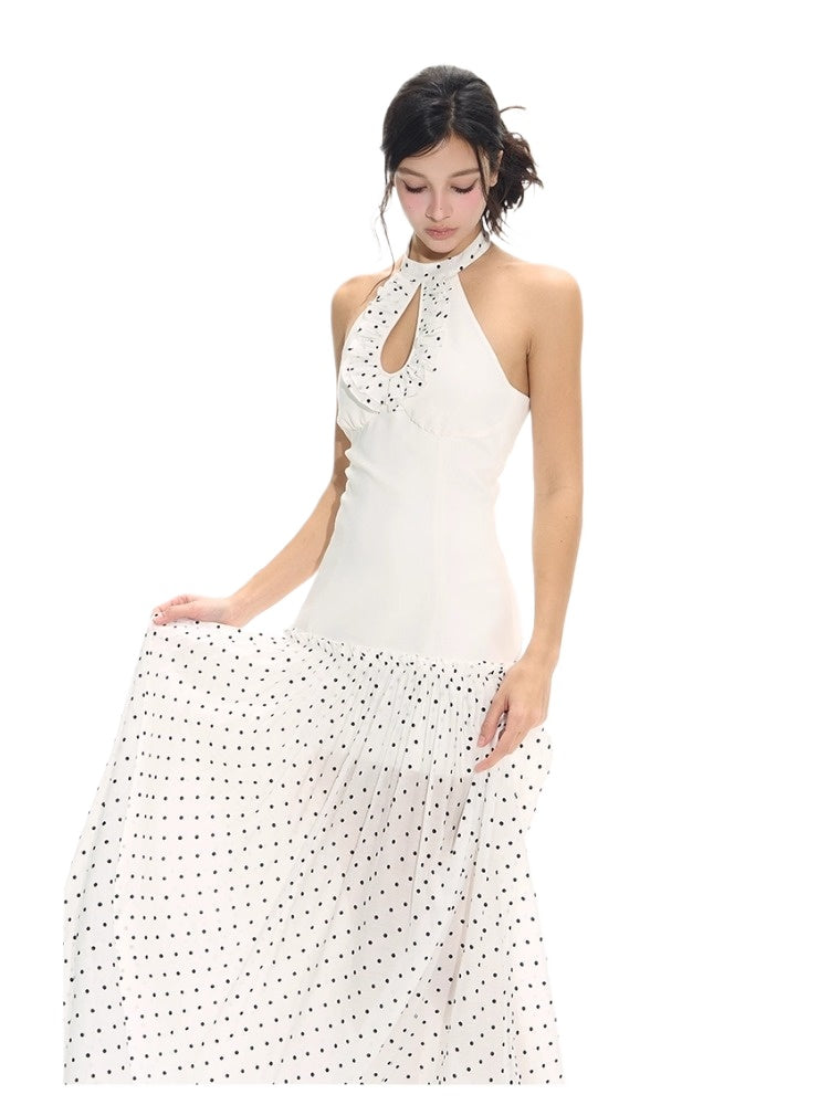 Polka Dot Print Cutout Halter Dress
