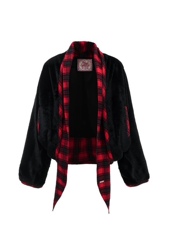 Short Color-Block Rabbit Fur Tie Jacket