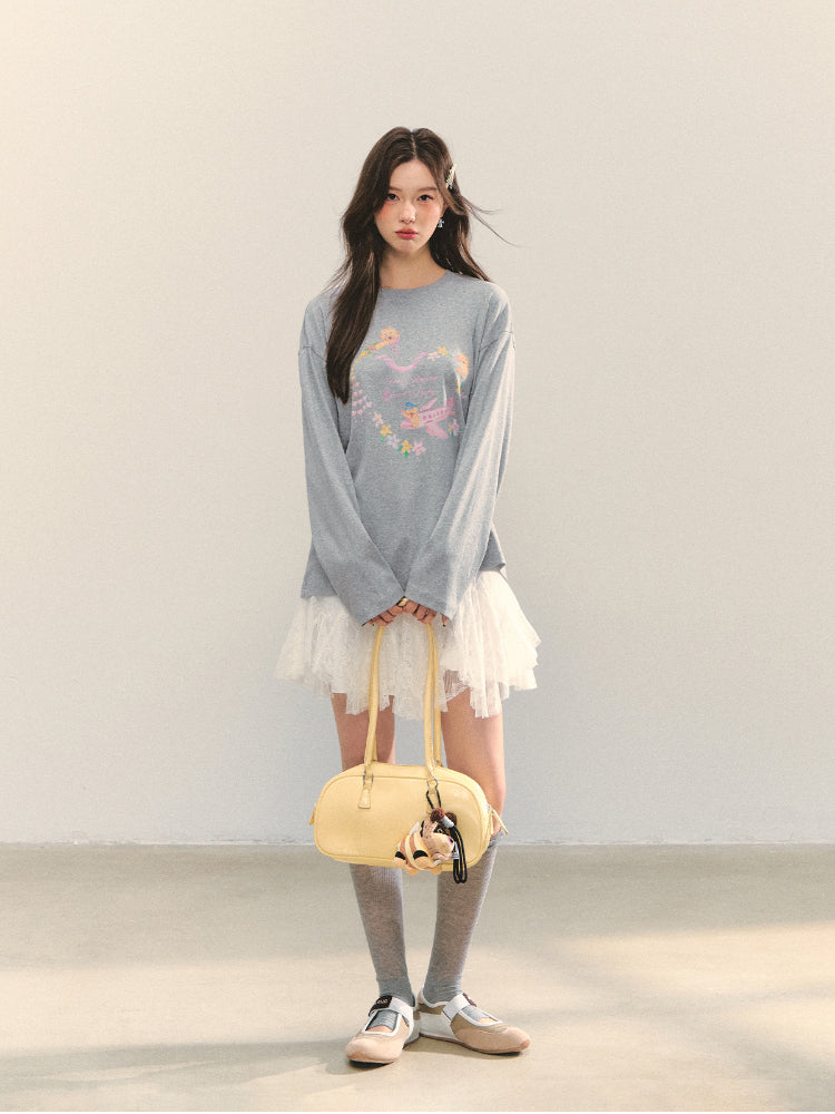 Crew Neck Dog Print Long-Sleeve Tee