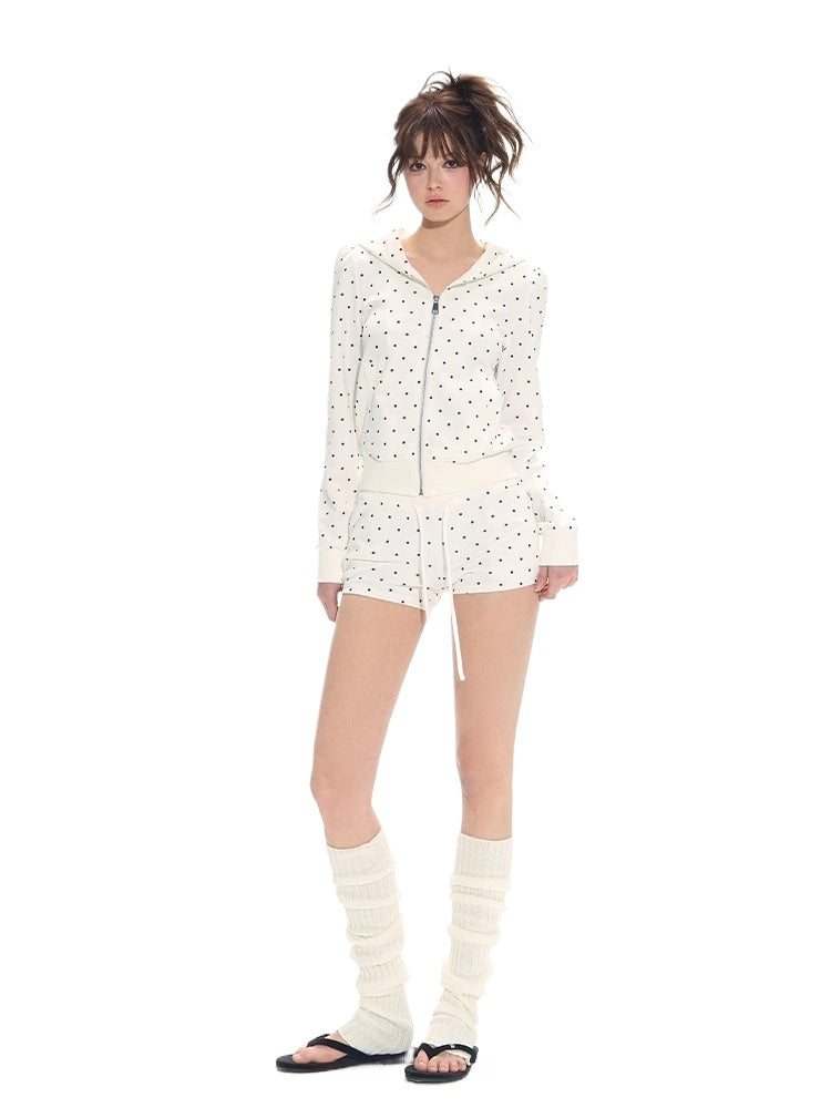 Polka Dot Slim Hoodie & High-Waist Shorts Set