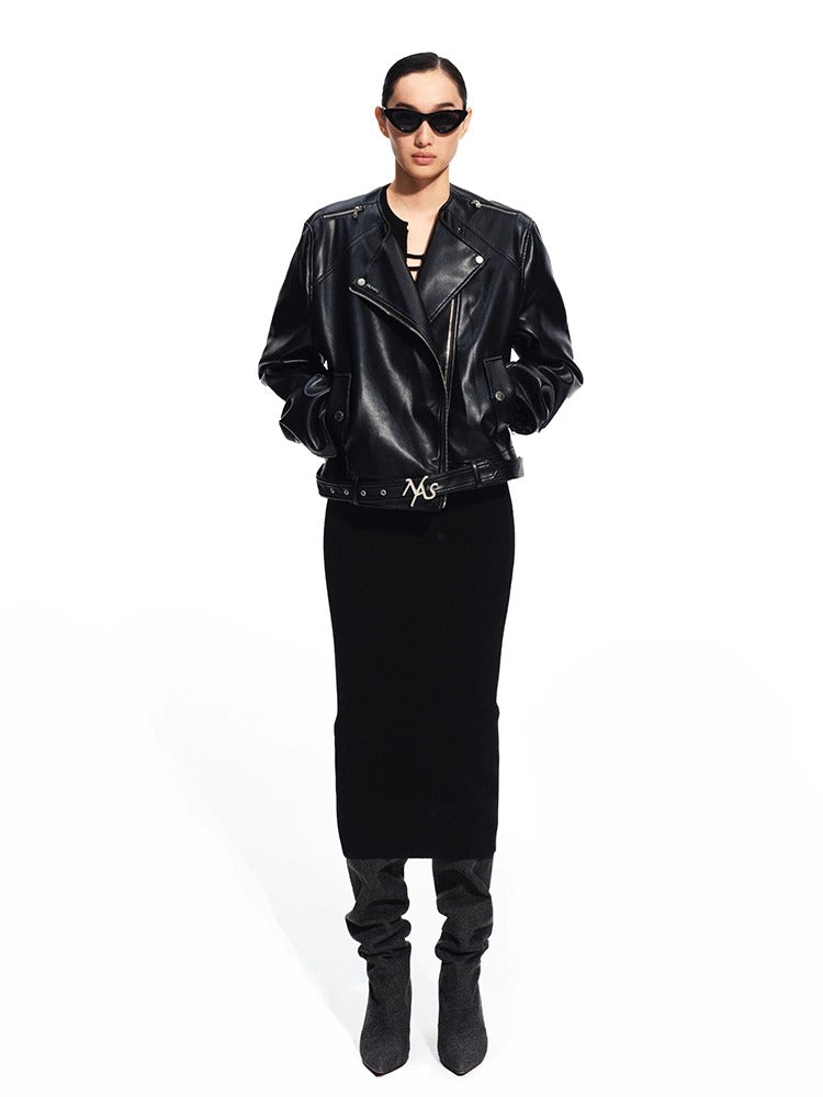 "Dejembe Series"Satin-Finish PU Leather Moto Jacket