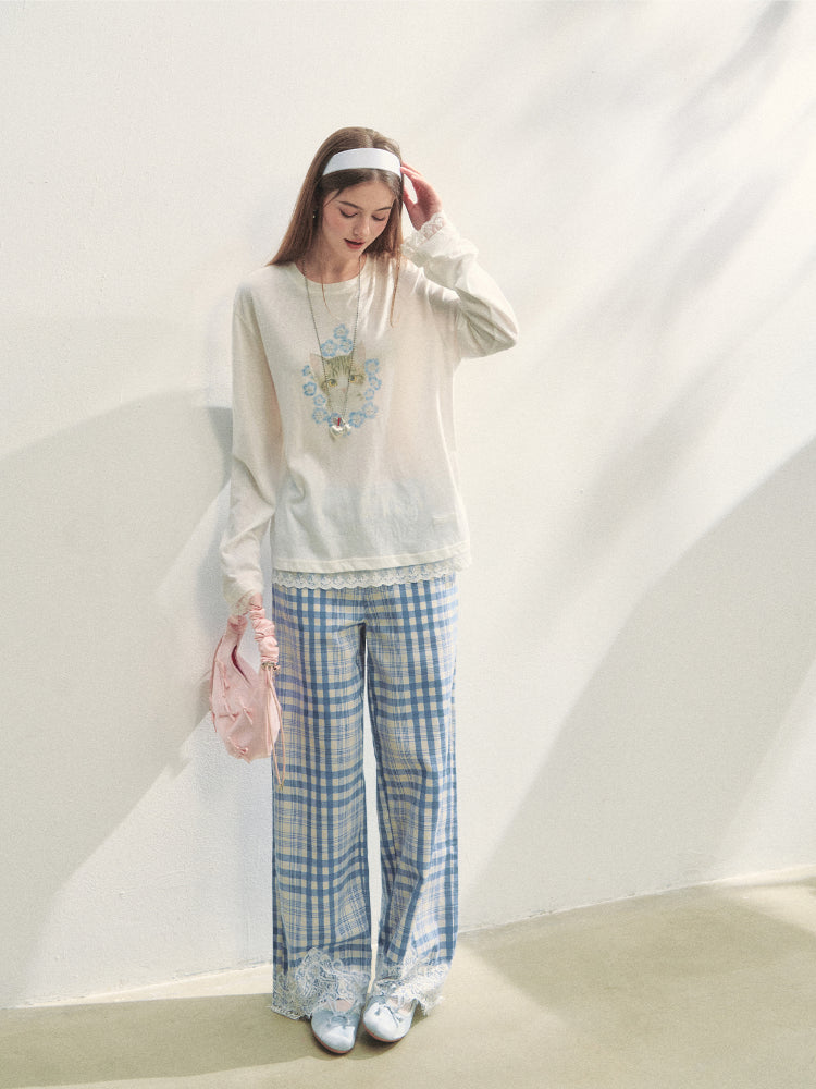 Lace Panel Animal Print Long-Sleeve Tee