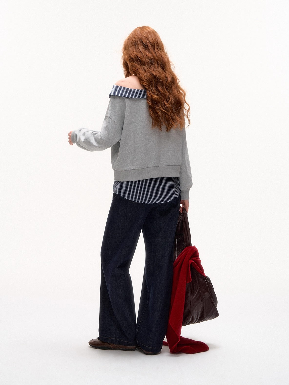 Plaid Embroidery Off-Shoulder Sweatshirt