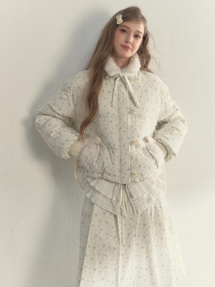 Floral Corduroy Down Jacket & Pleated Skirt