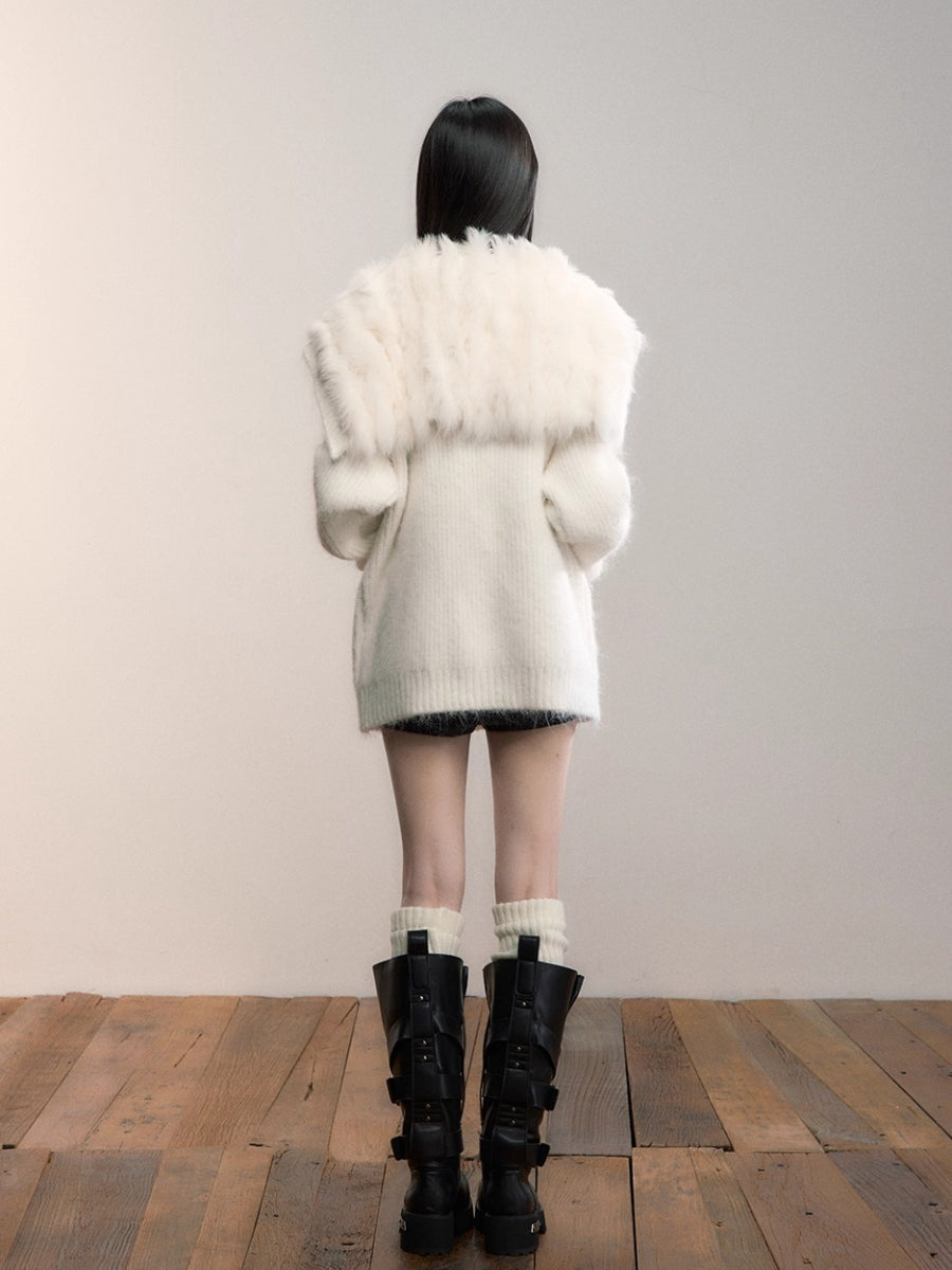 Fox Fur Large Notch Collar Cardigan