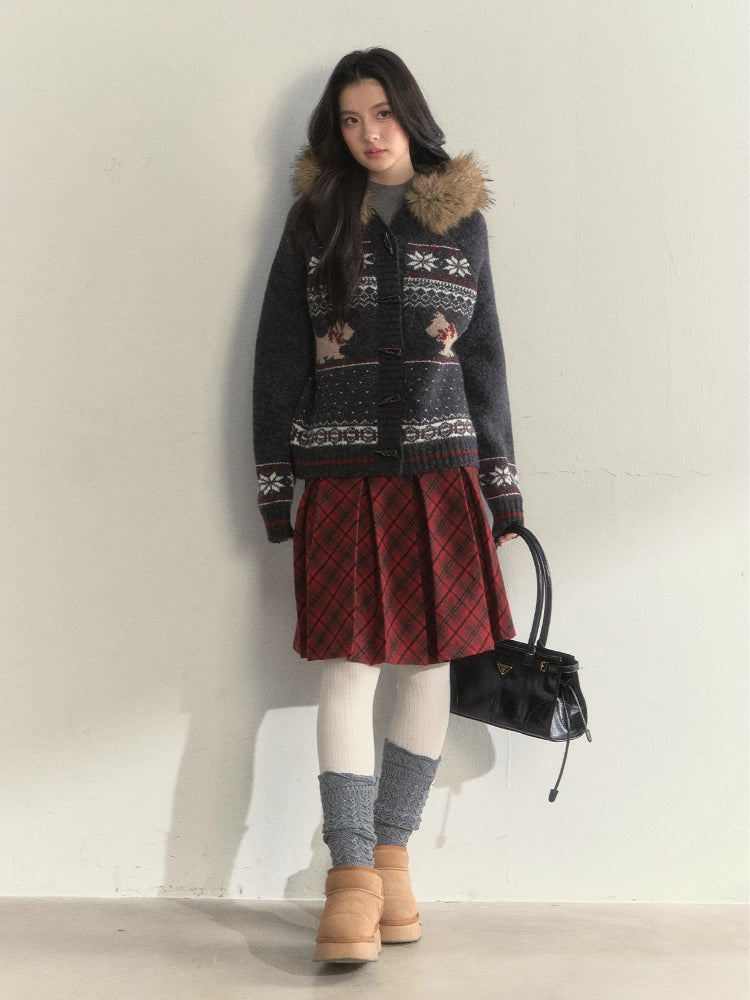 Fair Isle Dog Fur-Collar Cardigan