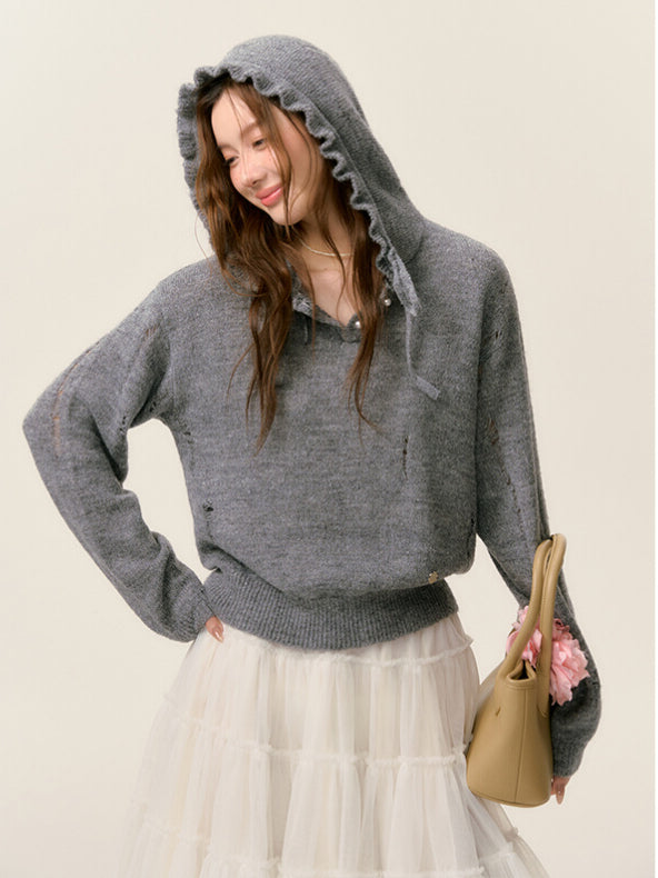 Ruffle‑Trim Hooded Pullover Sweater