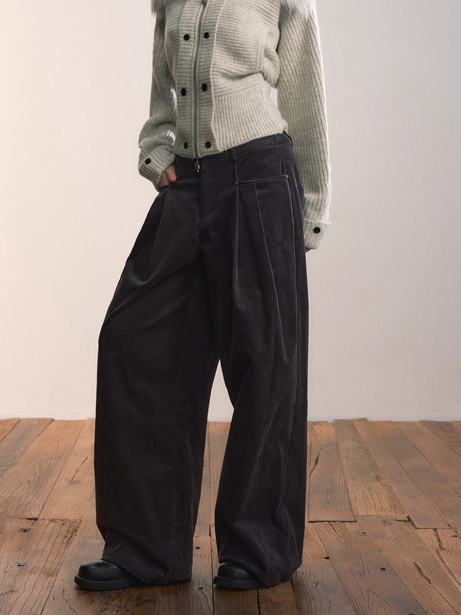 Dark Gray Pleated Corduroy Retro Casual Trousers