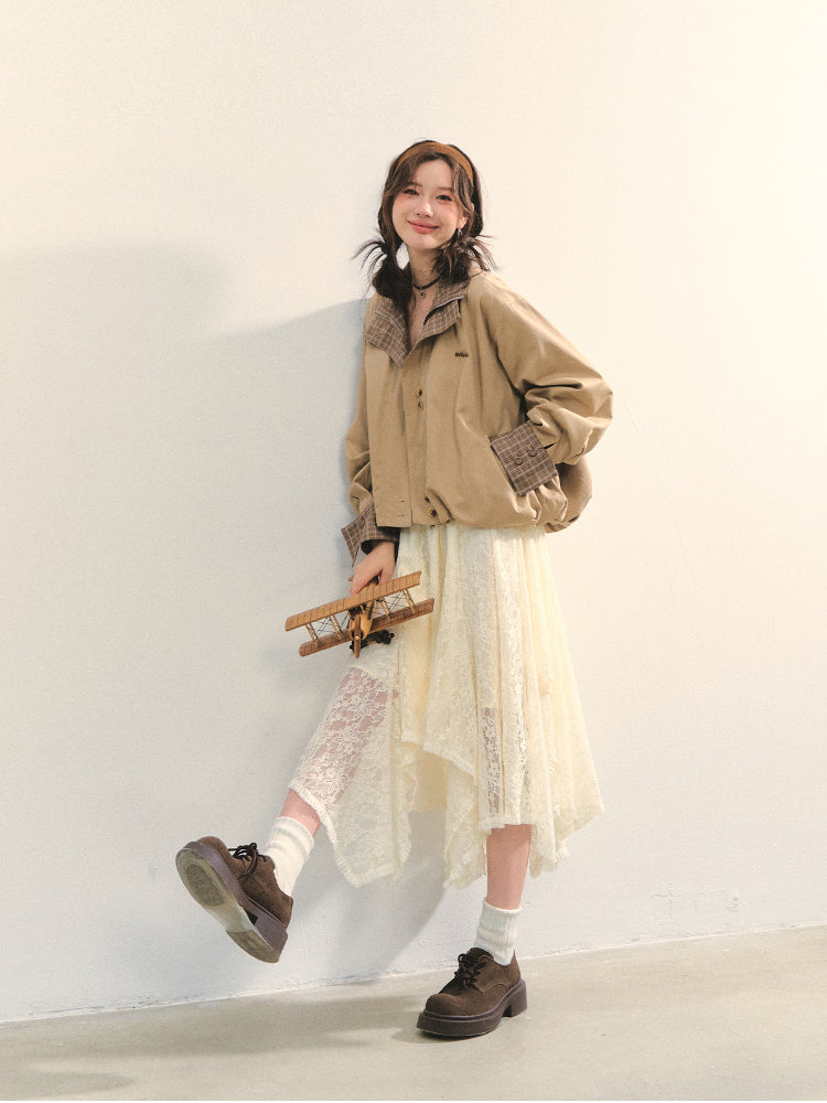 Beige Lace Irregular Hem Midi Skirt