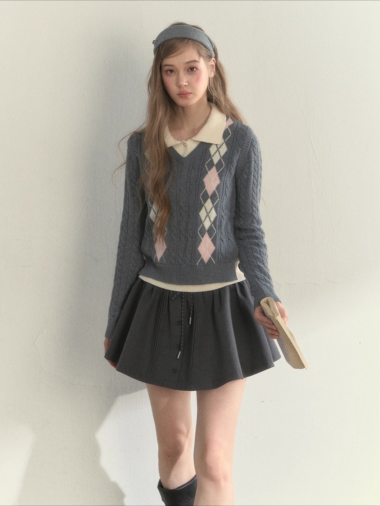 Argyle Cable Faux Two-Piece Sweater