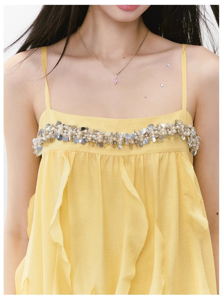 Beaded Flowing A-line Acetate Dress