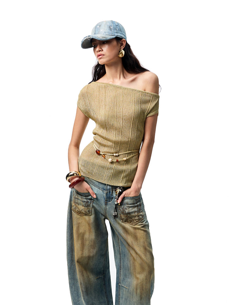 Asymmetric Shoulder Knit Short Sleeve T-shirt