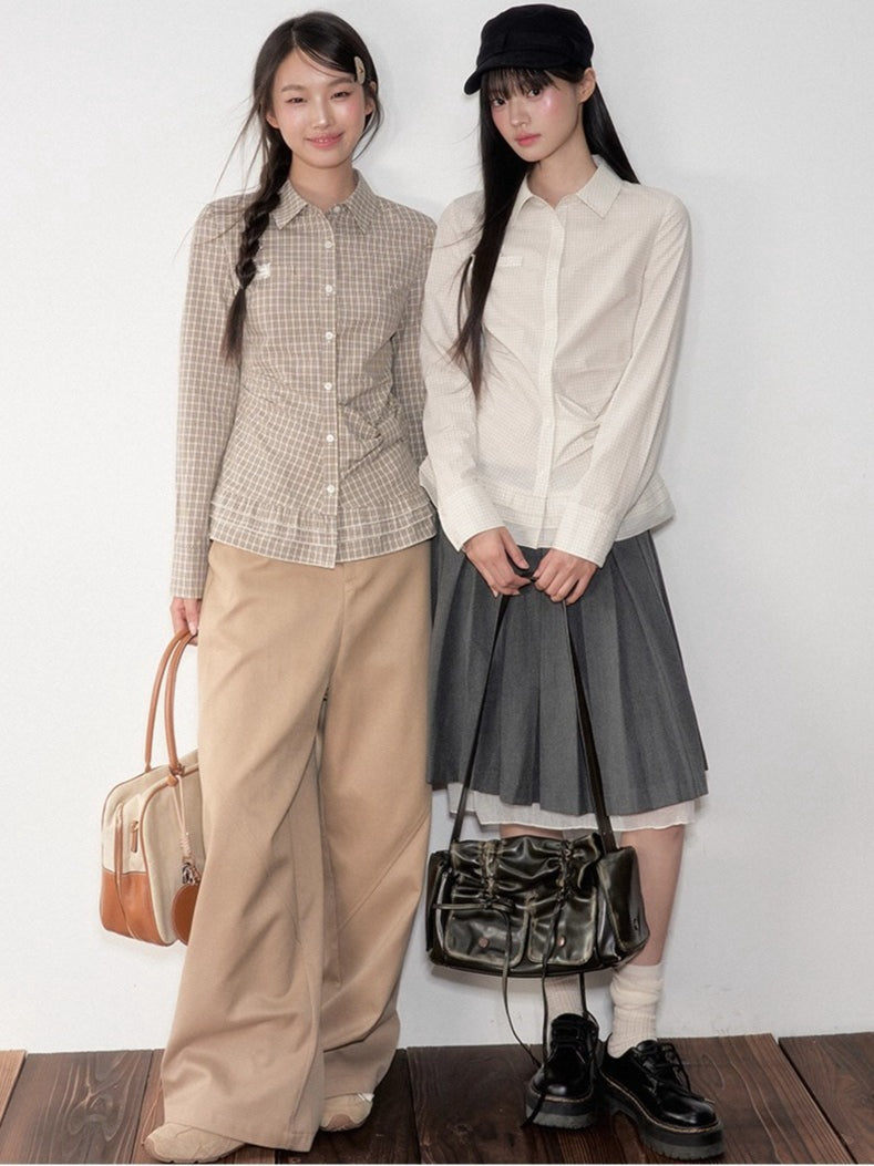 Khaki & White Vintage Plaid Blouse