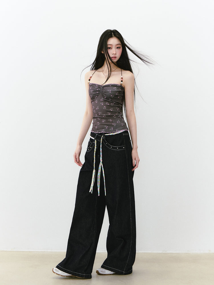 Irregular Waist Original Color Wide-Leg Denim Pants