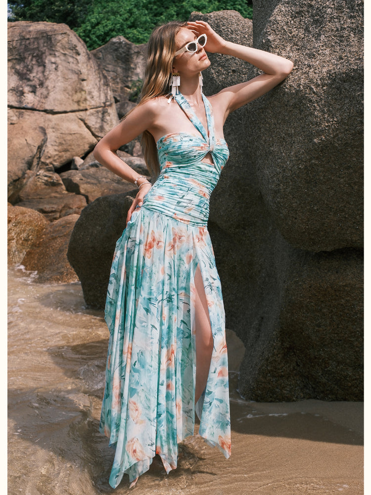 Floral-print Floral Ribbon Neckline Hollow-out Dress