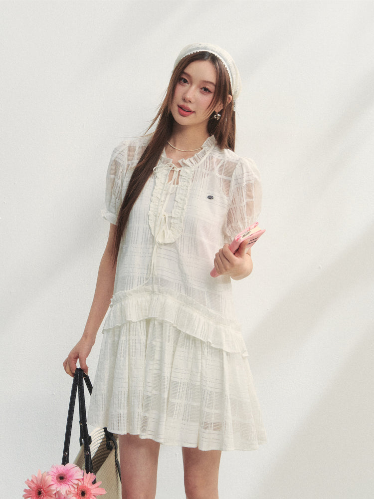 Checkered Hollow-Out Ruffled Dress Set