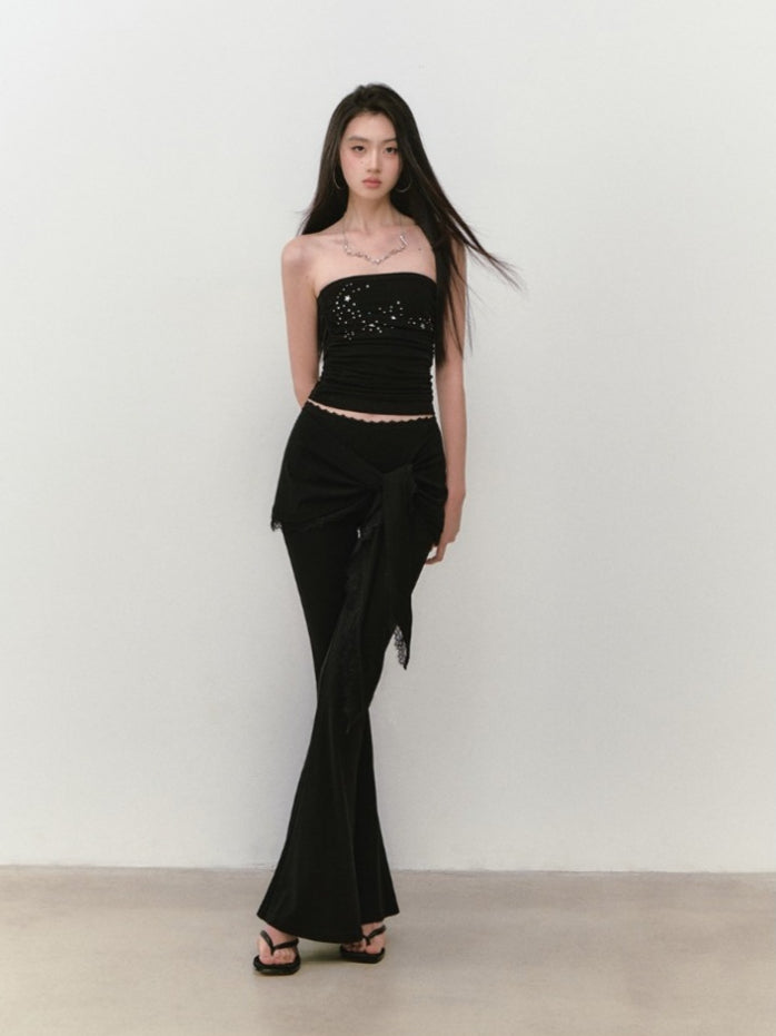 Lace-Trimmed Tie-Waist Lyocell Trousers