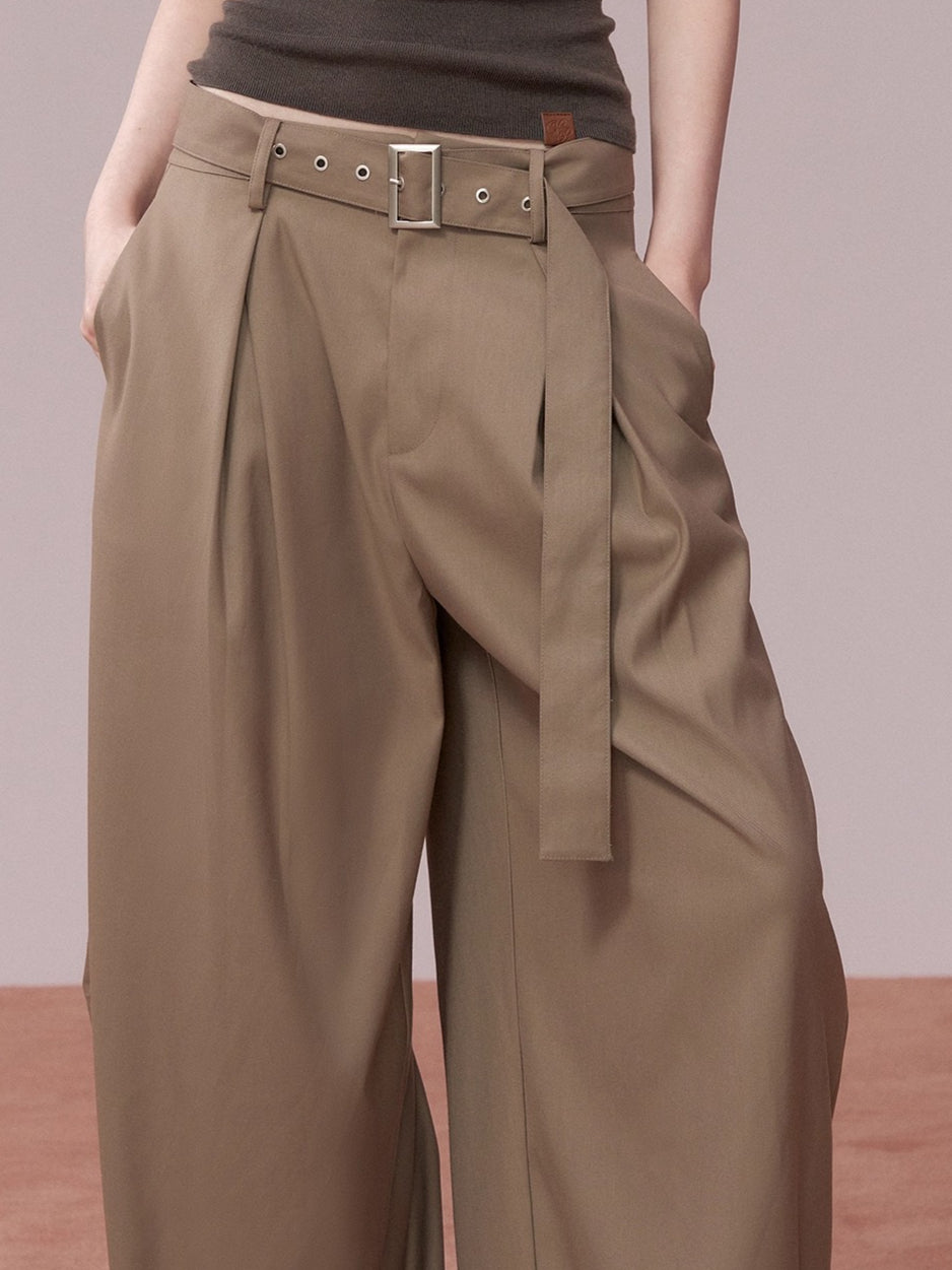 Belted Wide-Leg Tailored Trousers