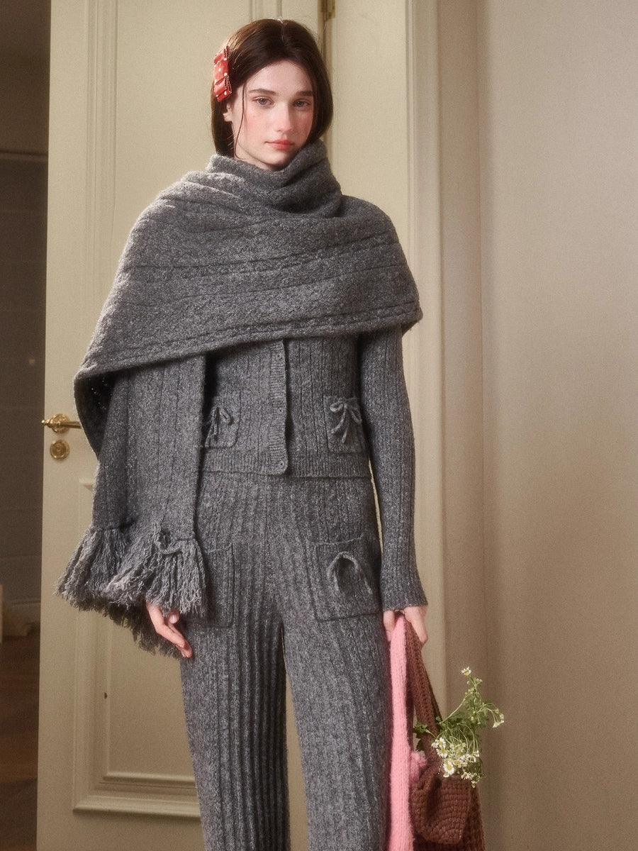 Velvet Bunny Wool Cloud Off-Shoulder Knit Cardigan & Pants Set