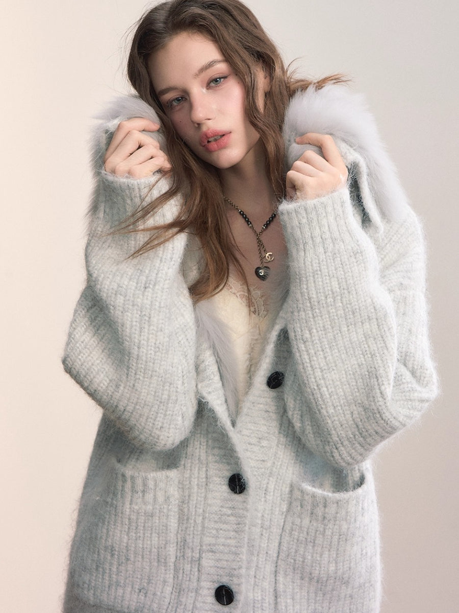 Fox Fur Large Notch Collar Cardigan