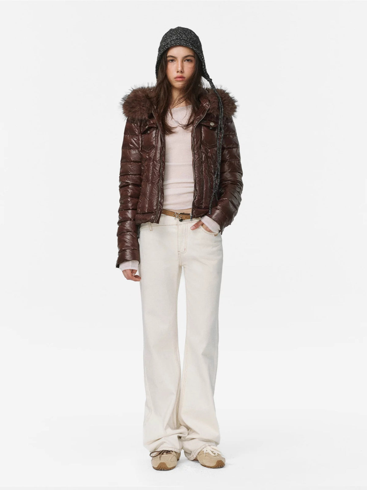 Denim Trim Fur-Collar Down Jacket