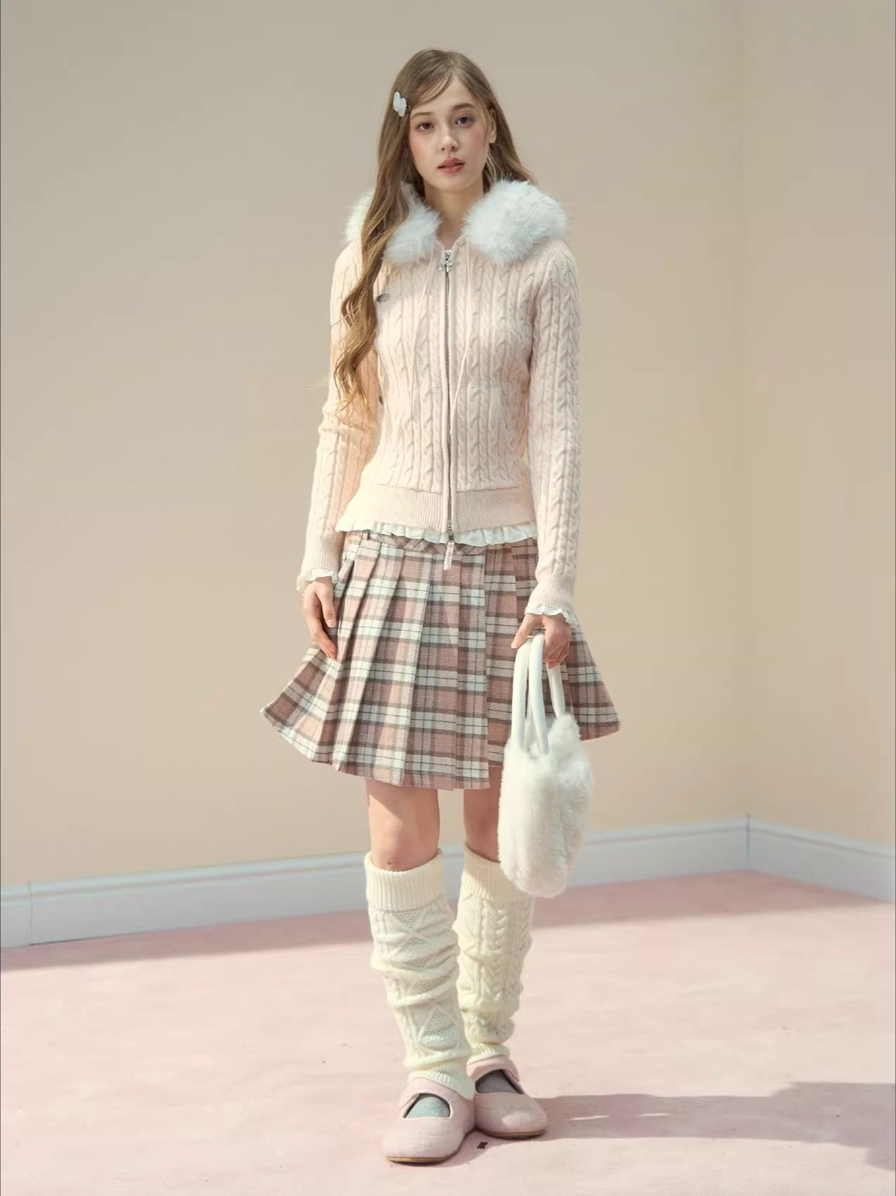 Detachable Fur Collar Blush Zip-up Knit Cardigan