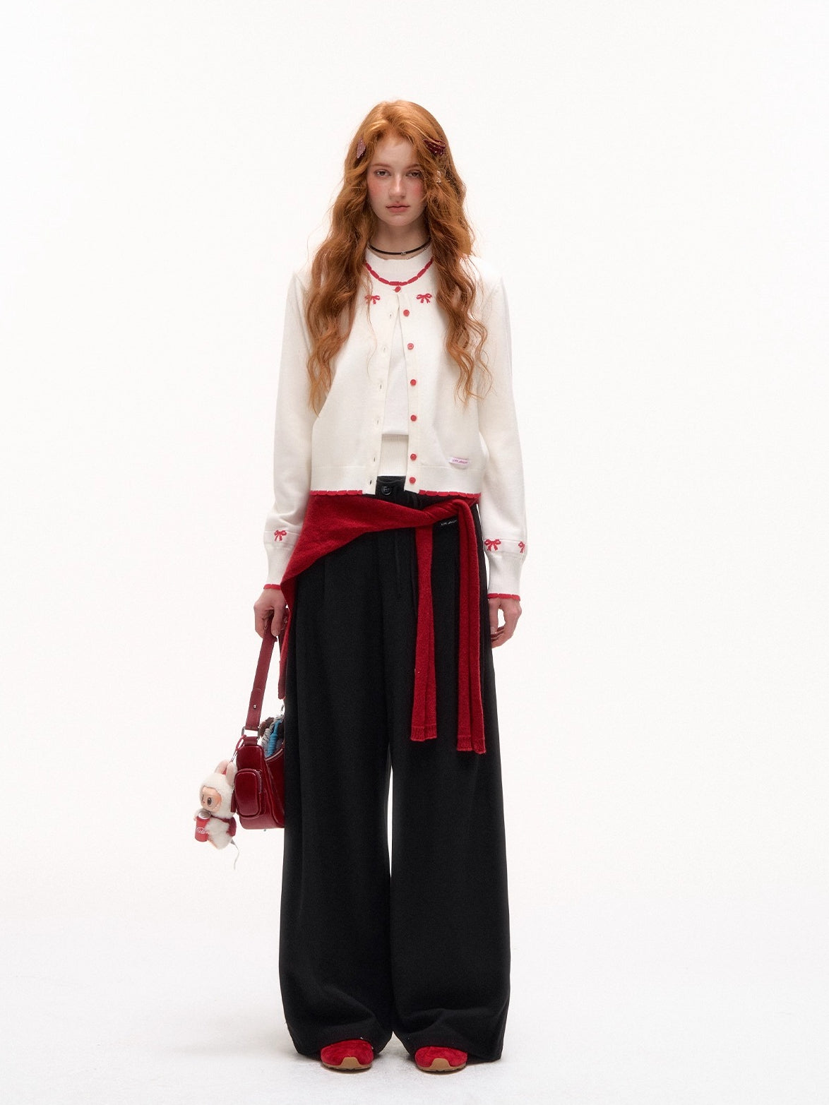 Bow Jacquard Contrast Knit Cardigan