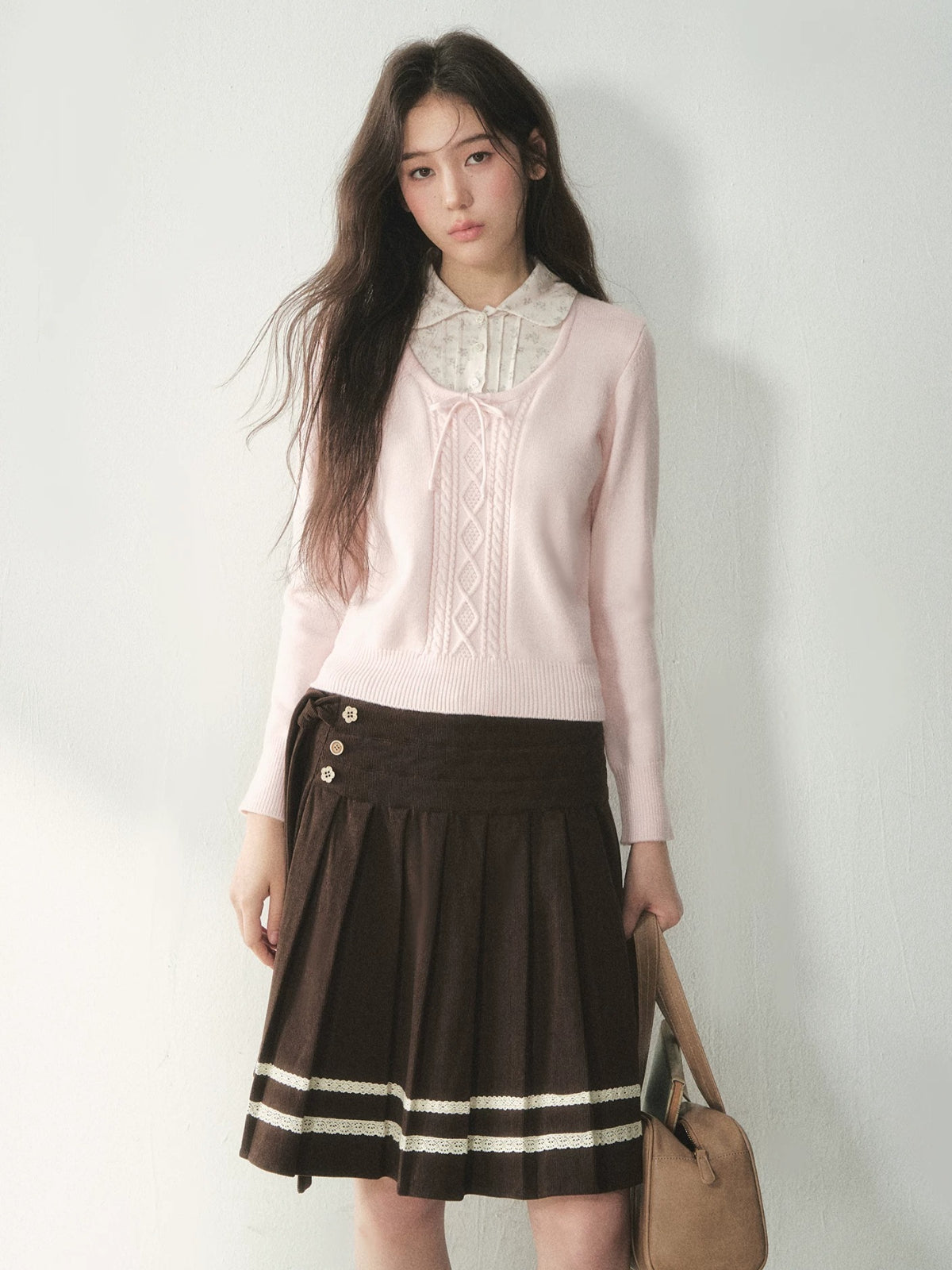 Floral Collar Bow Cable Knit Sweater