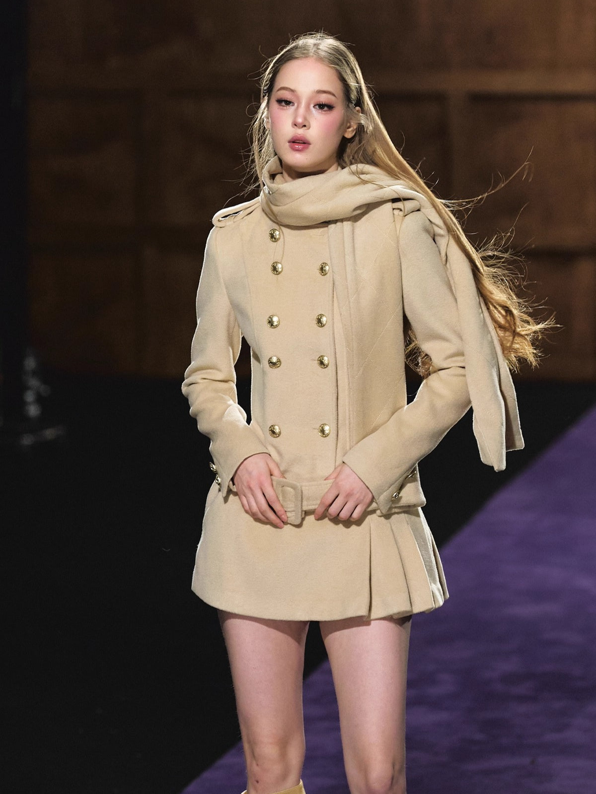 Wool Scarf-Collar Double-Breasted Dress