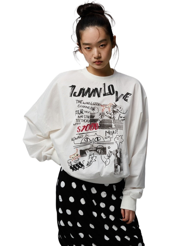 White Graffiti Cat Print Sweatshirt