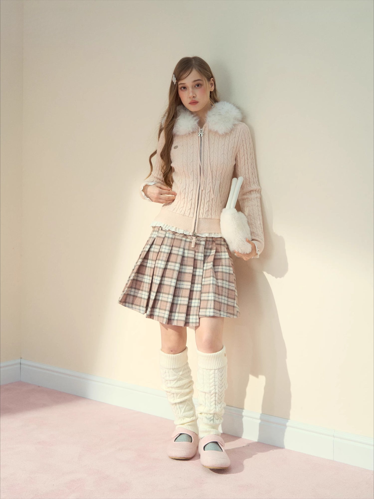 Pink Plaid 60% Wool Pleated Skirt