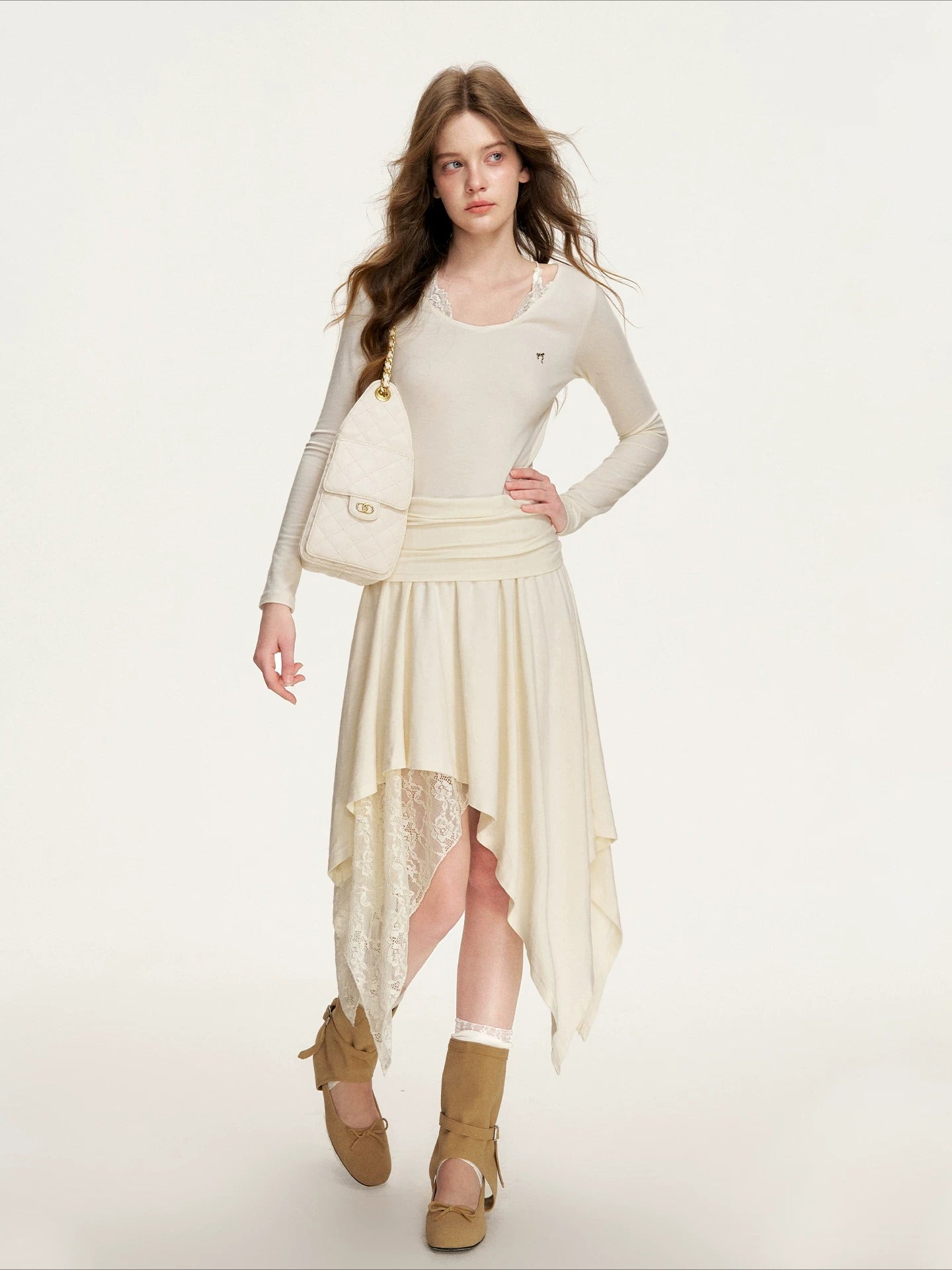 Apricot Lace Ruched Dress