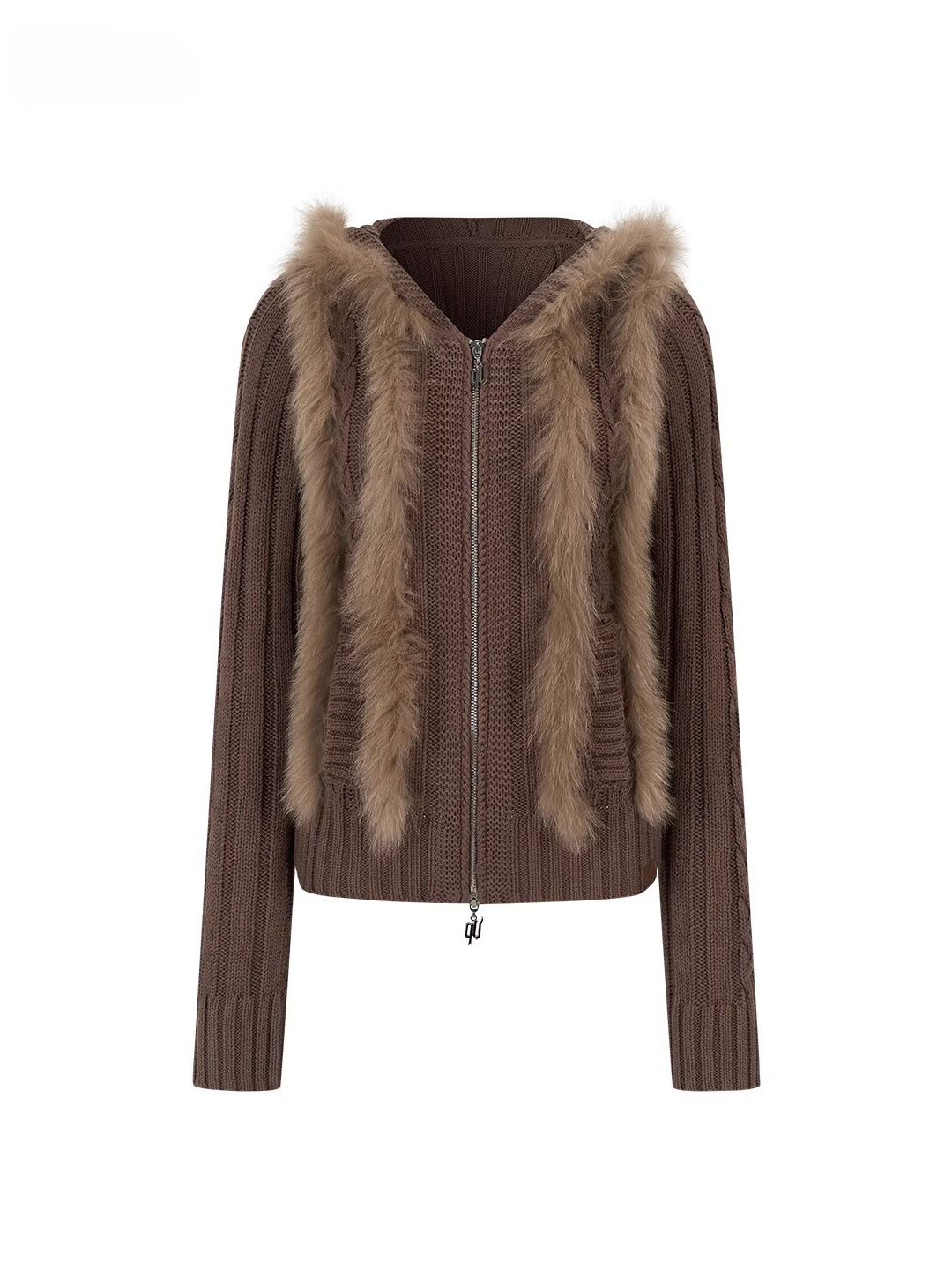 Fox Trim Hooded Knit Cardigan