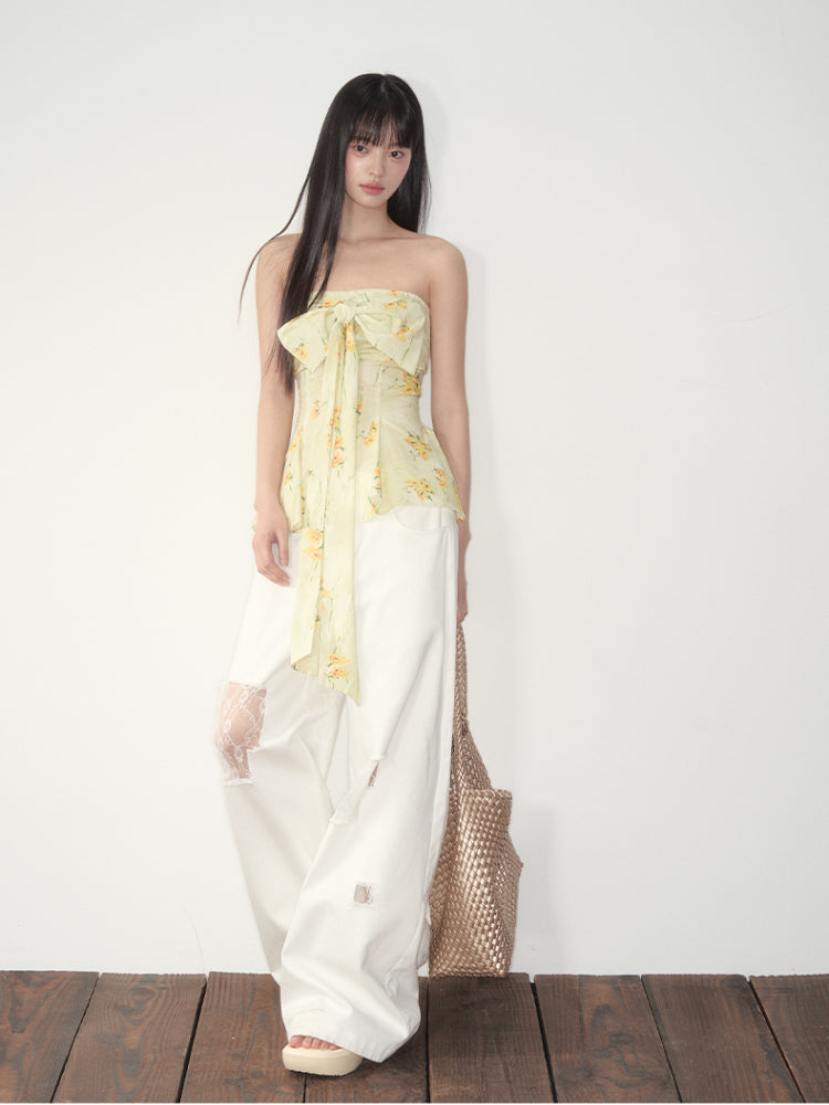 Yellow Floral Elastic Bow - adorned Strapless Top