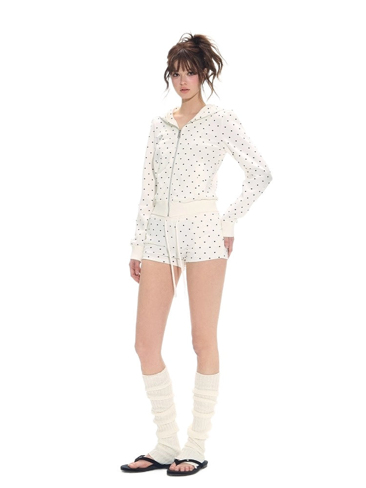 Polka Dot Slim Hoodie & High-Waist Shorts Set