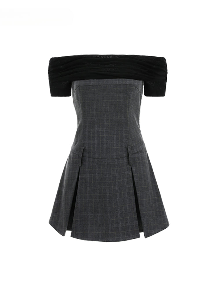 Faux Two-Piece Spliced Waist-Defining Pleated Dress