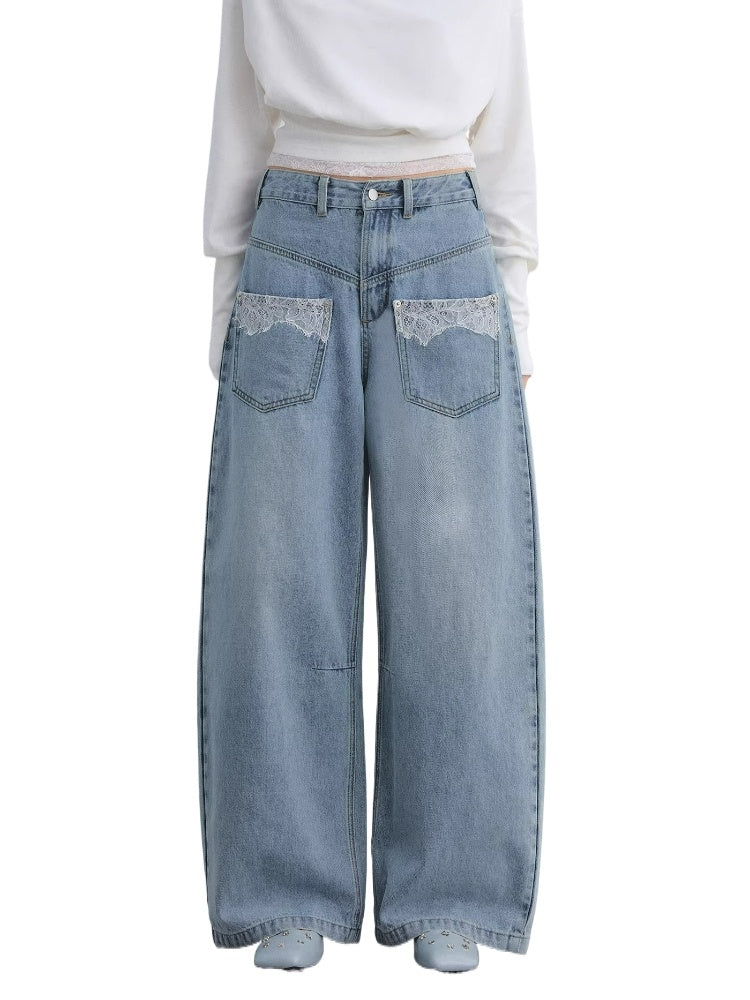 Lace Pocket Washed Curved Denim Jeans