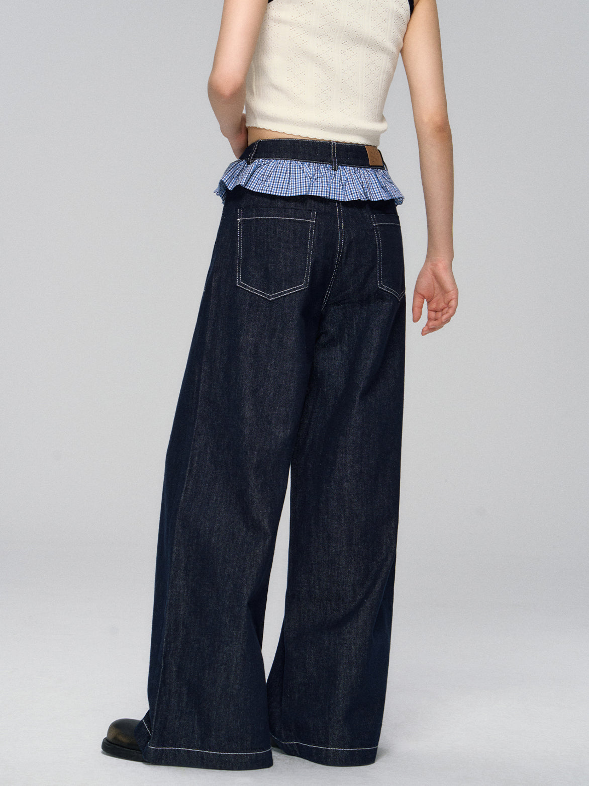 Ruffled Plaid Patchwork Straight Jeans