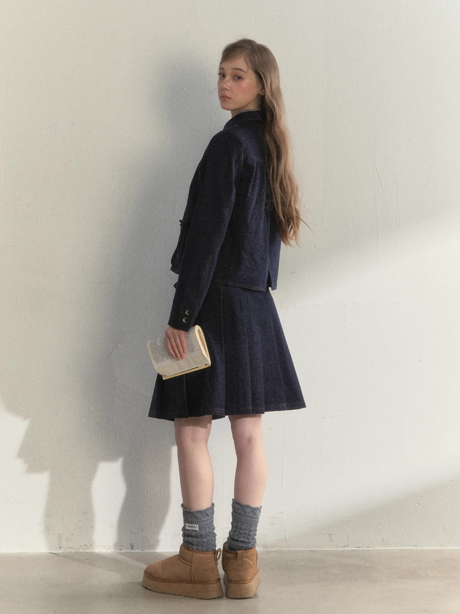 Vintage College Denim Padded Jacket & Skirt Set